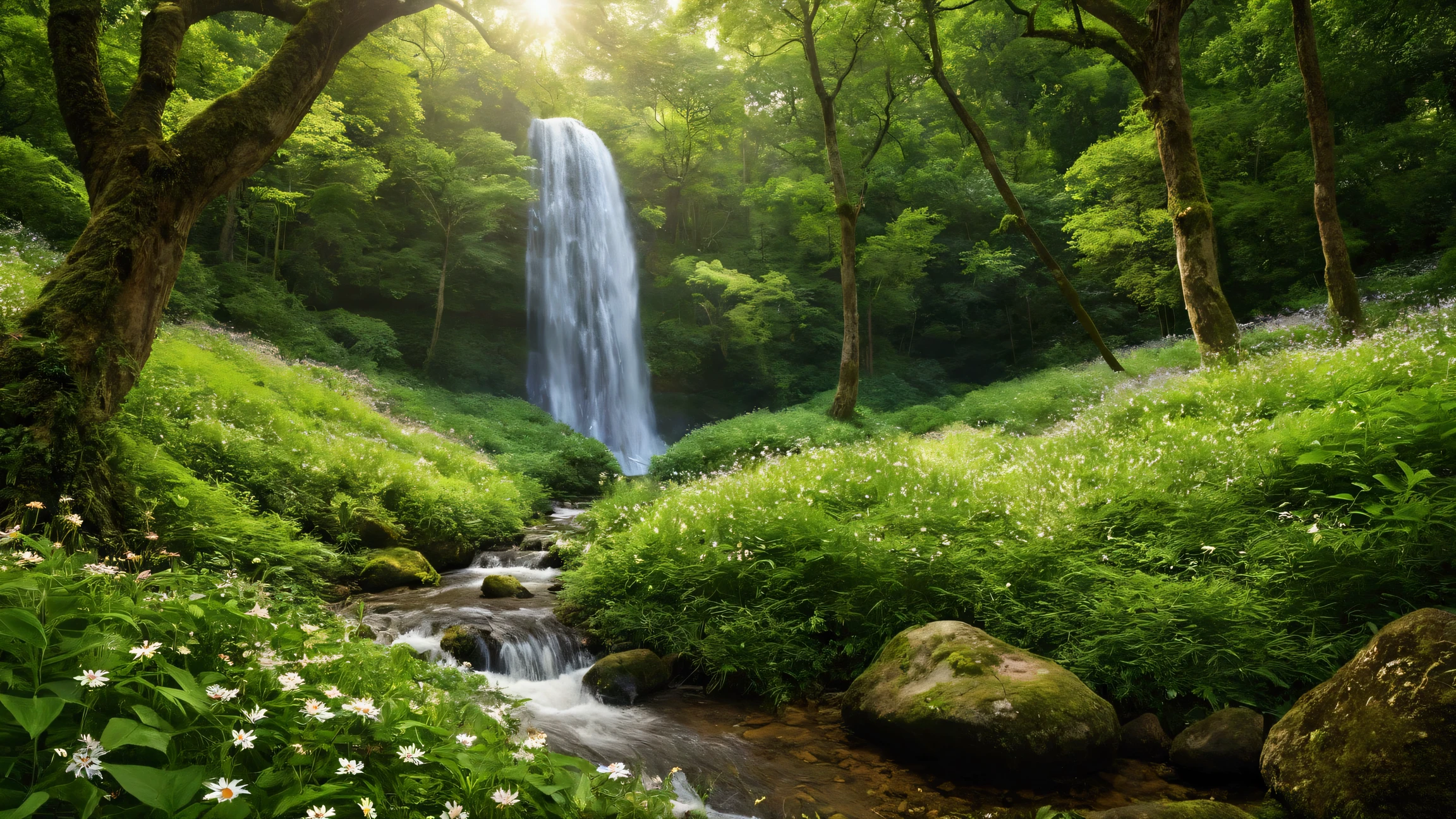 A tranquil, high-resolution image capturing the serene experience of being in a vast lush green forest. Towering emerald trees stretch towards the sky, their dense foliage creating a natural canopy. Sunlight filters through the leaves, casting dappled patterns on the forest floor. Through the gaps in the trees, a clear blue sky with fluffy white clouds is visible. In the distance, two cascading waterfalls—one large and one smaller—pour down gracefully, their white streams blending with the green surroundings. A crystal-clear stream flows gently from the base of the waterfalls, winding through a vibrant carpet of lush grass dotted with colorful wildflowers. A playful squirrel leaps across the scene while birds flutter gracefully among the trees, adding life and movement to this peaceful, nature-filled setting.