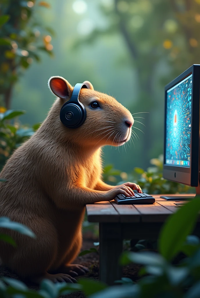 Capybara with headphones playing computer