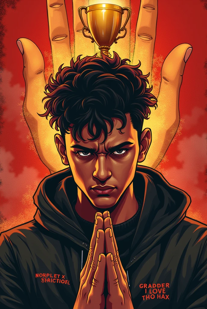 Create an ep cover title champion using a boy with an angry face and a praying hand style with the word champion and an emoji of trophy above his head, the tracks of the ep are
Intro(worri)
Hold me
No squad
Bossed up
Aza man
OG(original guy)