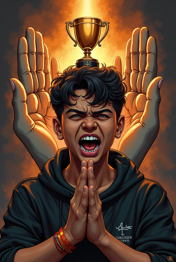 Create an ep cover title champion using a boy with an angry face and a praying hand style with the word champion and an emoji of trophy above his head, the tracks of the ep are
Intro(worri)
Hold me
No squad
Bossed up
Aza man
OG(original guy)