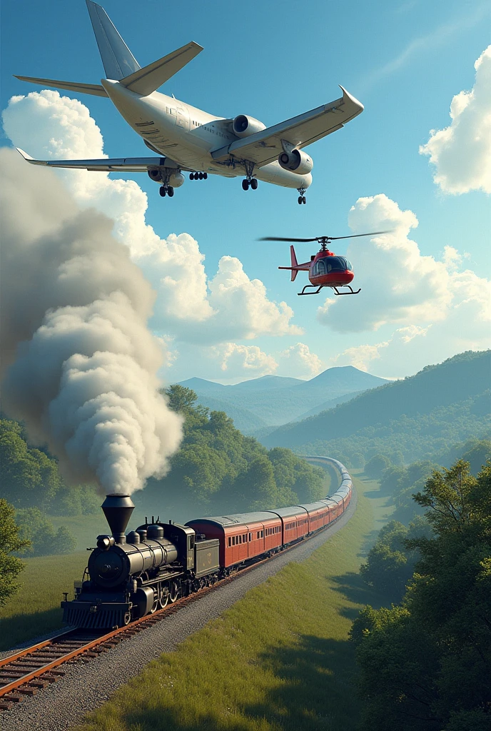 A train is going on the track and a airplane is flying over it And a helicopter is flying over the airplane 