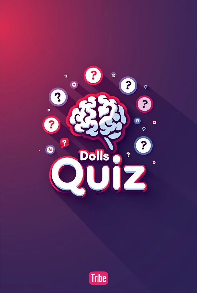 Create a modern and attractive logo for a YouTube channel dedicated to quizzes and trivia. The design should include representative elements such as a question mark., A stylized brain, a light bulb or questionnaire icons (For example, circles with letters or numbers). Use a palette of vibrant and energetic colors, like shades of red, violet and white, to transmit dynamism and knowledge. The style should be clean, friendly and easily recognizable, adaptable to different sizes and platforms. Include the channel name in a clear and striking font that complements the graphic elements and reflects fun., Intellectual challenge and enthusiasm for learning. My channel name is called Dolls Quiz.