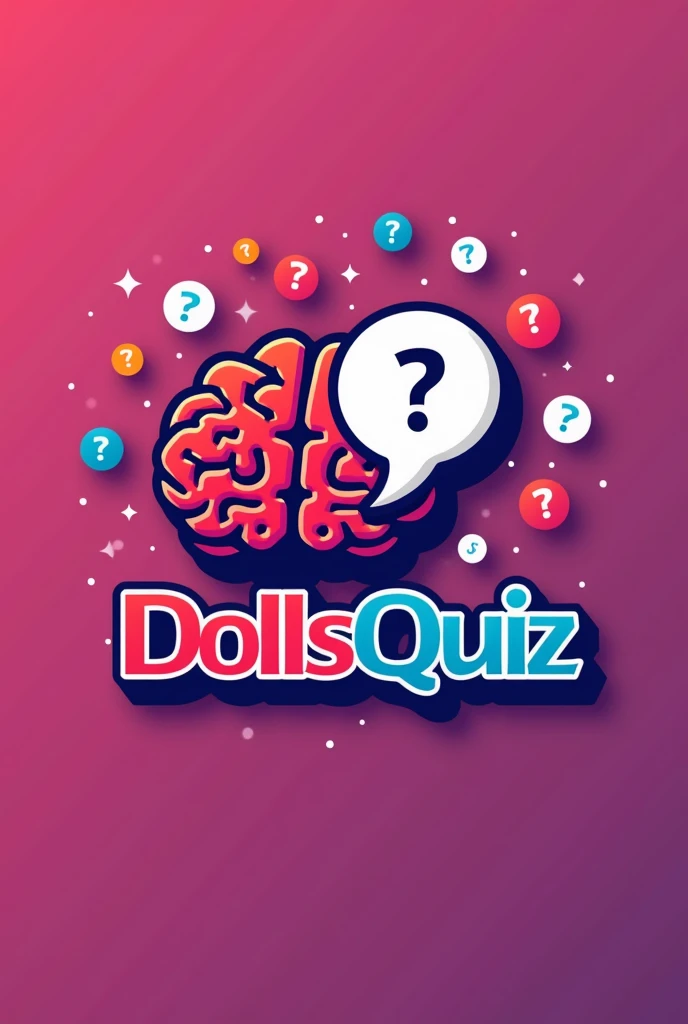 Create a modern and attractive logo for a YouTube channel dedicated to quizzes and trivia. The design should include representative elements such as a question mark., A stylized brain, a light bulb or questionnaire icons (For example, circles with letters or numbers). Use a palette of vibrant and energetic colors, like shades of red, violet and white, to transmit dynamism and knowledge. The style should be clean, friendly and easily recognizable, adaptable to different sizes and platforms. Include the channel name in a clear and striking font that complements the graphic elements and reflects fun., Intellectual challenge and enthusiasm for learning. My channel name is called Dolls Quiz.