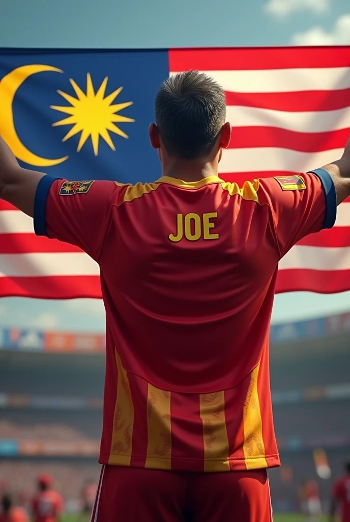 A  man wearing a Malaysia jersey with name tag joe holding Malaysia flag