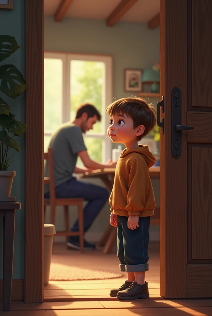 : A young boy standing by a door, peeking into a room where his father is working. The boy has a curious expression on his face.