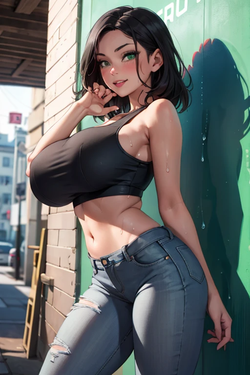 masterpiece, best quality, shadows, perfect hands, perfect legs, perfect anatomy, pretty face, mature features, posing, portrait, 1 girl, 2, green siren eyes, black straight hair, tight gray jeans, wet crop top, seductive eyes, blushing, flirty, pretty smile, huge ass, breast, thighs, seductive, spicy, hot, flirty, nsfw,