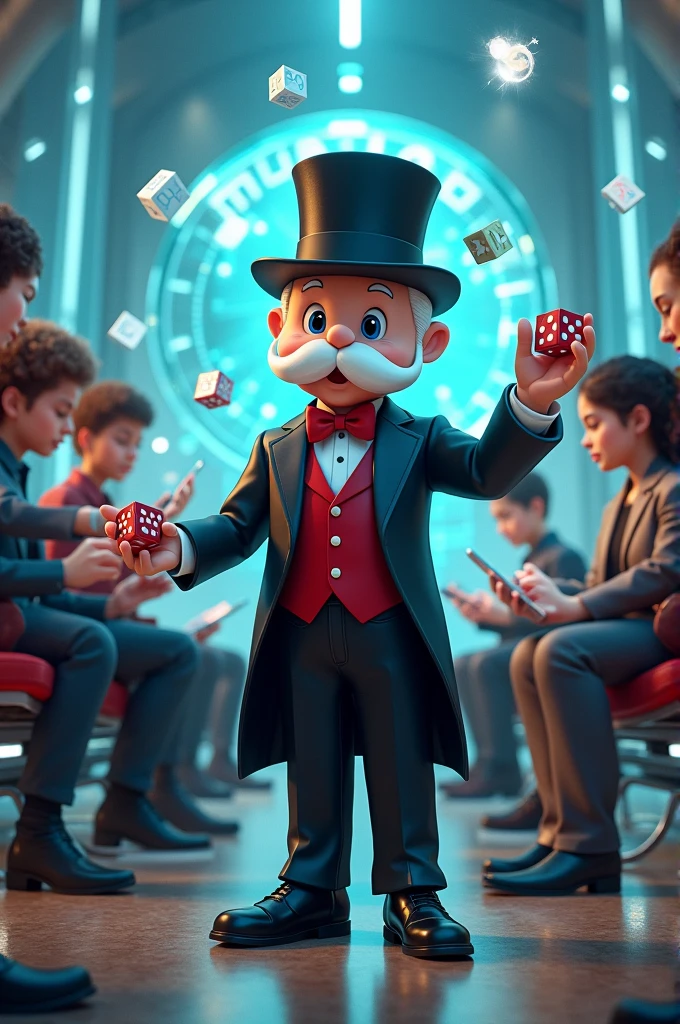 Make me a prompt a monopoly man holding cash and dice with the crypto and ai, business analytics students