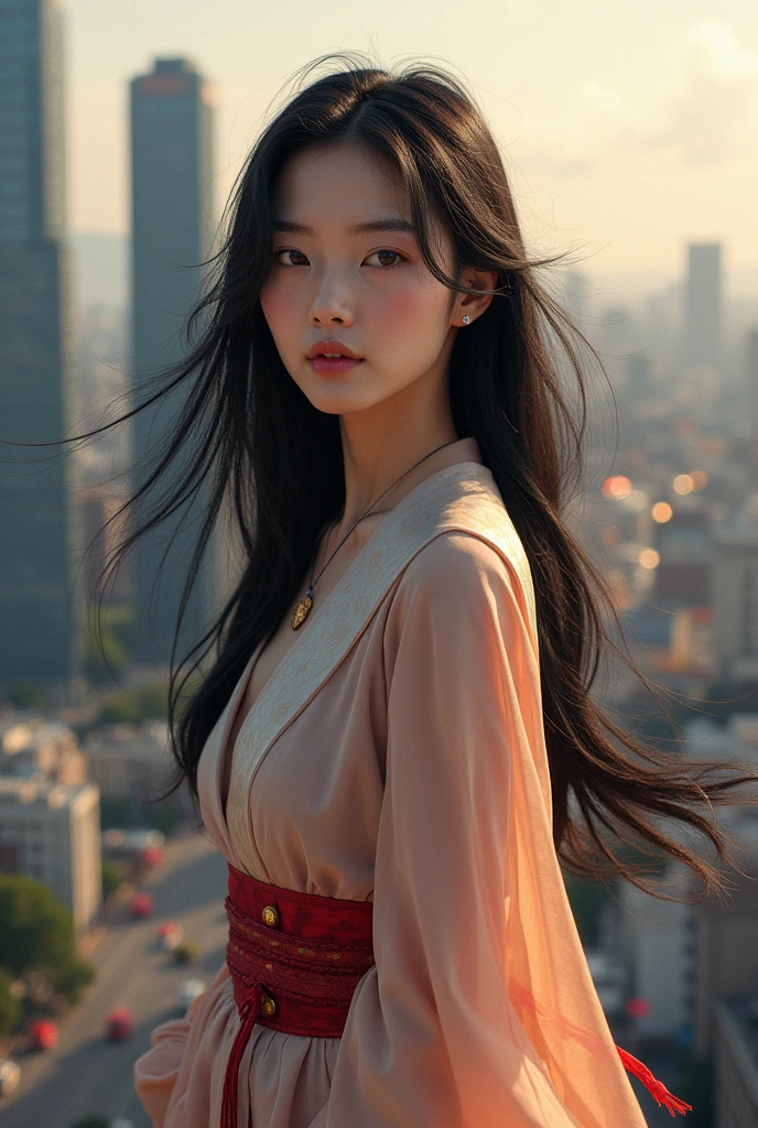 Beauty　Taiwan style　Black Hair　The background is the cityscape