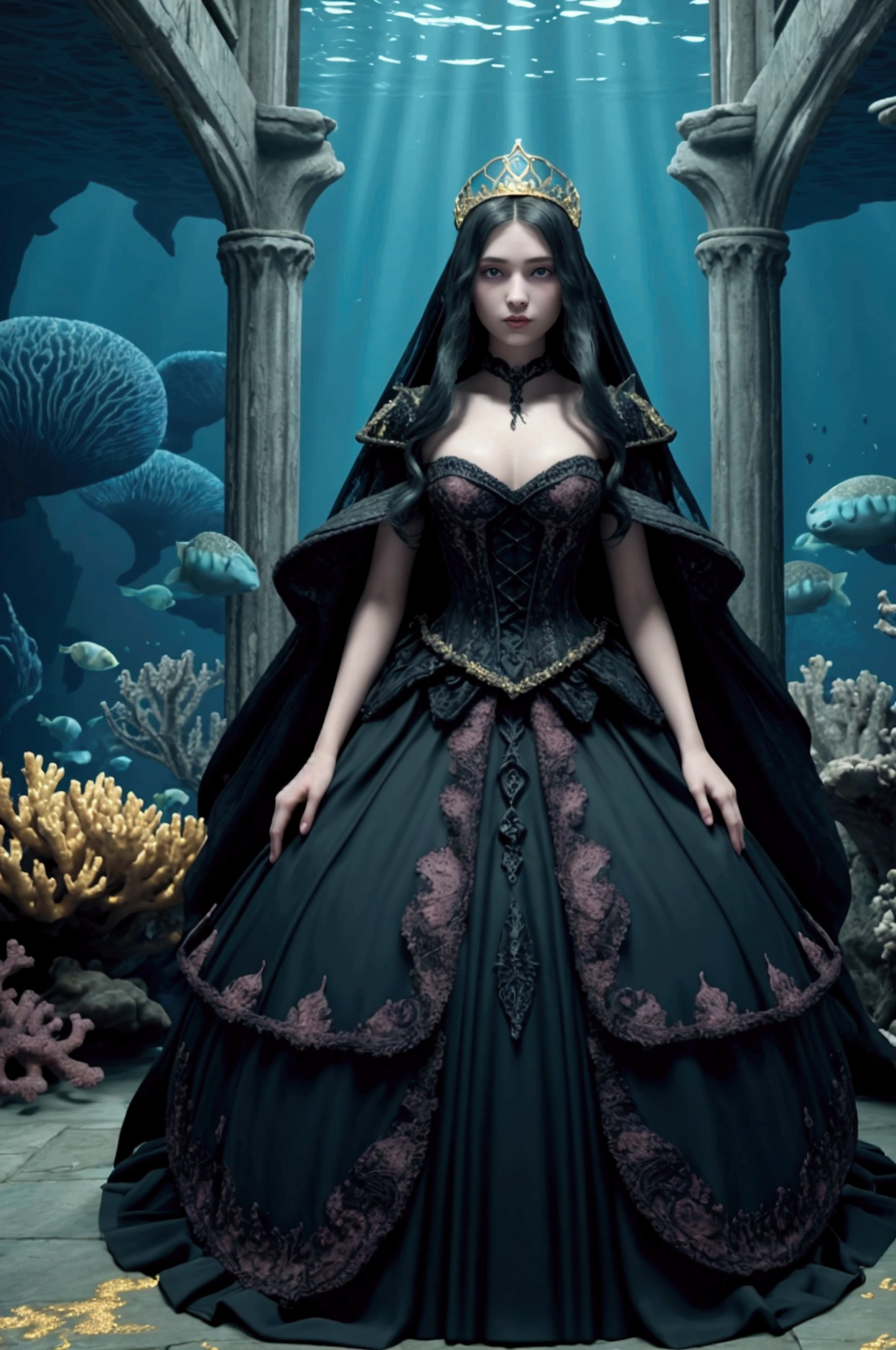 "A full-body shot of a (extra wide angle 1:1) in a dark low light deep sea medeval ballroom in an old gothic palace that has gone under the sea. Super-big ballroom. 8 girlfriends with extraordinairy beautiful faces, liveless bodies surrounded by coloured fishes. Their body floading upside down and all around. They have a big light-colored eyes, black super-long hair. With perfect detailed eyes.Their wering black torned dresses. Pale pink and gold dresses torned. Dresses in many layered lace and shiffon torne and ripped. ( perfect hands, five fingers on each hand.) Small breasts (hyper realistic perfect eyes 1:1). White perfect skin. They are surrounded by Perished under-water palace 1:1 Wearing a layered black, white and gold ballroom dresses with lace and shiffon. On the bottom of the sea are golden crowns, adorned with pink crystals 1:1. Bright colourd fishes swimming arround. Corals, seamoss. Octopus. The scene a beautiful empresses dead, their long hair flowing every way, in their face. Sad. (Best Quality Detailed faces)1:1. A medieval fairytale vibe, with a big black intricate throne in a corner with tonns of seamoss and seeweed on it. In a fantastic scene that uses detaled realistic 3D model. crystal wine glasses on the sea floor broken The entire setup is Best Quality, masterpiece 1:1, capturing the essence of a beautiful dead girls, fantastical gothic setting, Dark deep sea Low greenblue lighting under neath. (8K).