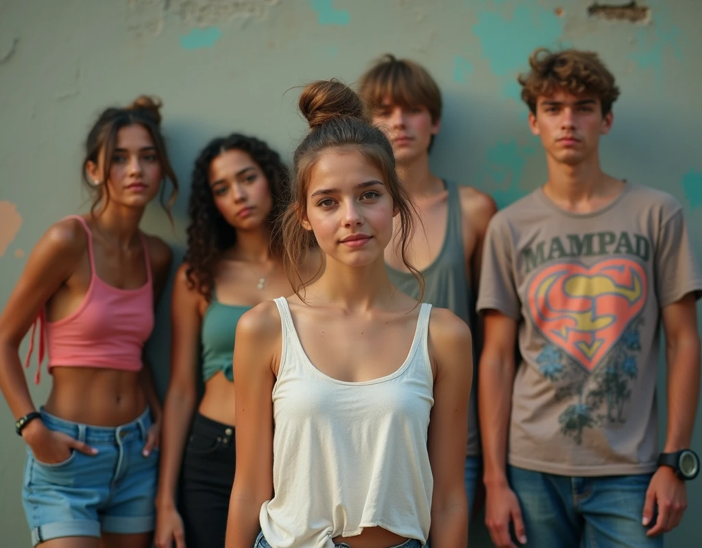 Photo of a teenage girl in skater fashion and her male and female friends. Everyone is wearing a tank top