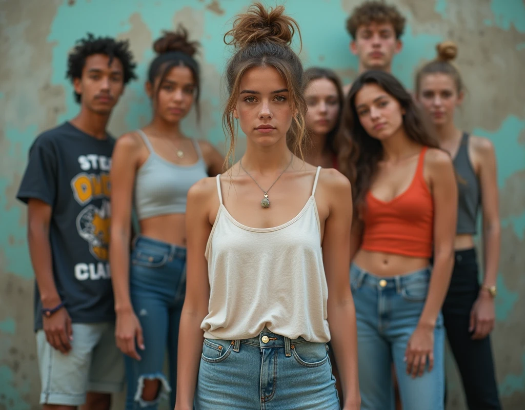 Photo of a age girl in skater fashion and her male and female friends. Everyone is wearing a tank top