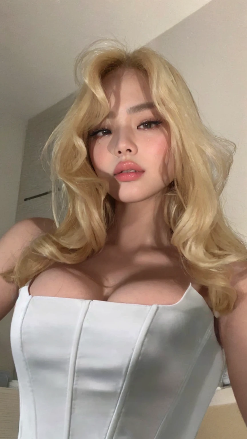 ((Best Quality, 8k, masterpiece: 1.3)), ((Beautiful Korean woman), 1 woman, big breasts: 1.3, slim figure: 1.1, Toned abs, semi-long blonde hair, (Office, white string), Super detailed face, detailed lips, detailed eyes, double eyelids, realistic photo, jennie blackpink, guy like jennie in black pink