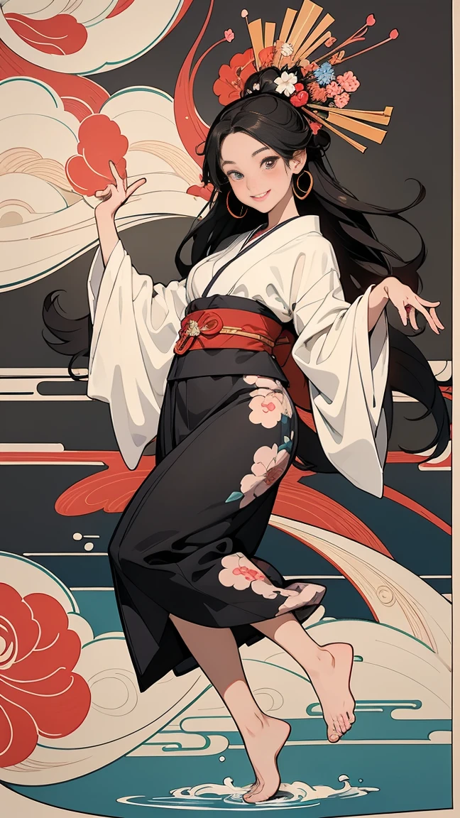 (SeaArt creates stunning illustrations of beautiful women in kimono)、Vividly colored Japanese Ukiyo-e style illustrations、A beautiful woman smiles and shows her upper white teeth、Brown-black long hair、Beautiful full body style、If you want to dance, let&#39;s dance, Tokyo Ondo, Yoi Yoi、Beautiful new digital paintings,、Bright vibrant digital anime art、 Beautiful anime portraits、background,Torii gate front of Japanese shrine、 Detailed digital anime art、