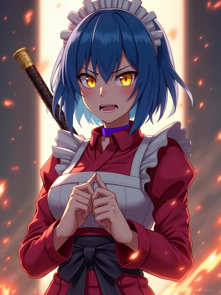 anime style, full body female character, (((Red clothes))), (((blue hair))), short hair, purple choker, (((yellow eyes))), red maid uniform, samurai, detailed, 8K, high quality, emotional effects, anime style, angry face