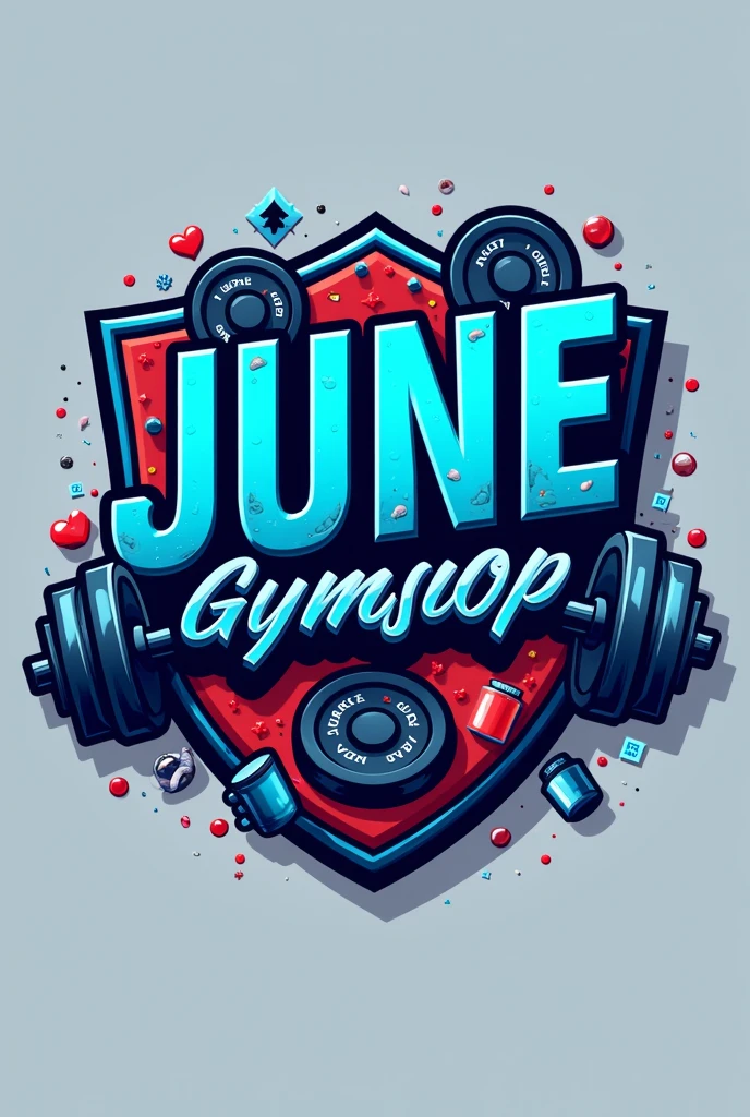 Create a logo for "June GymShop":
1. **Typography**: Use a strong, modern font for the text "June GymShop", that reflects the strength and energy associated with the gym.
2. **colors**: Blue and red predominate. You can use blue for the main text and red details to highlight specific elements..
3. **Icons**: Incorporates gym-related icons, how much weight do you have?, supplement bottles or a barbell. You can place them next to the text or integrate them into the design..
4. **style**: A clean and professional design style with 3D details or shadow effects can give a modern and attractive touch..