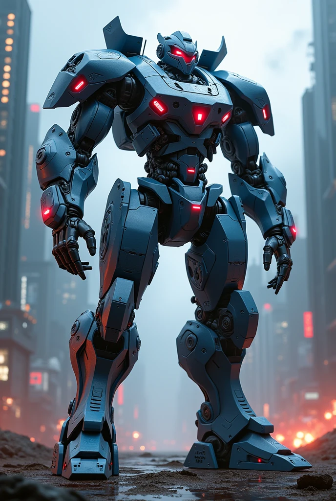 Futuristic war robot ,metal body , male , blue red silver