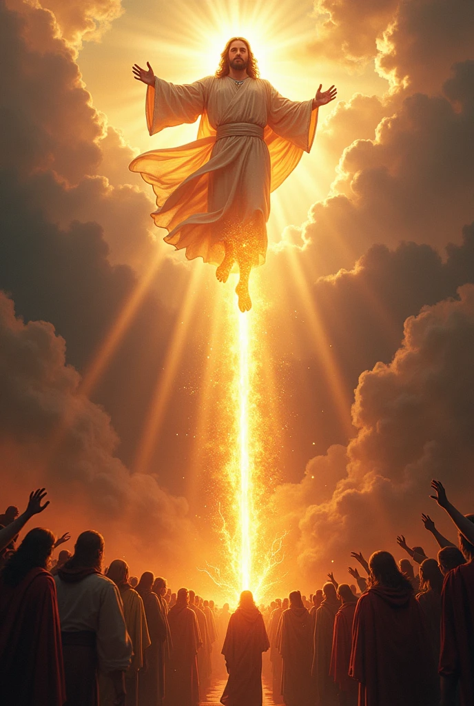 Jesus descending from heaven holding a sword of fire and separating the beings of light on one side and the dark beings on the other