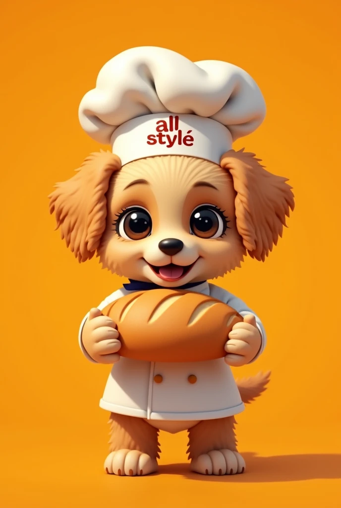 Puppy with beige and curly fur , black eyes offering a big loaf of bread in a chef's uniform ,all style logo on orange background