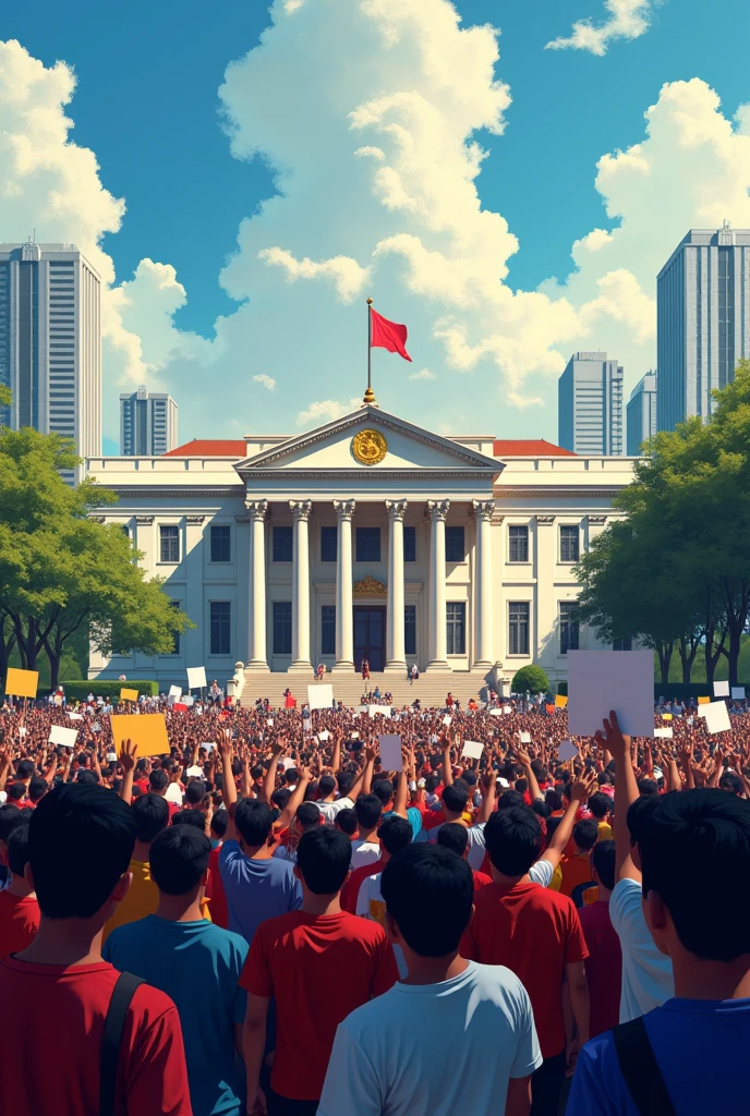 front malacanang with protesters and buildings in side digital illustration