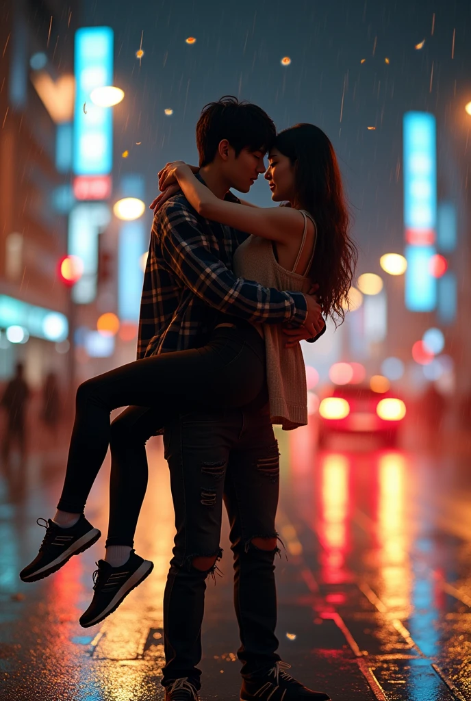 A striking and highly detailed image of a young Korean couple. The man carries the woman with both hands and the woman hugs the man romantically on the side of a busy night street. ( romantic lift hug ) full body photo. They see the viewer. The men wear flannel shirts, ripped black jeans with casual shoes, while the women wear stylish tunics and fitted black pants with no shoes. The city lights and traffic lights illuminated the surroundings, emitting a warm and inviting glow. Dramatic scene. Dramatic light. Rainy conditions. Lots of fireflies flying. The couple's expressions convey deep connection and passion, as they share intimate moments in a dynamic urban setting.
