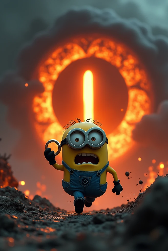 a photorealistic image of a Minion from Despicable Me, holding the One Ring in one hand and running in panic through a dramatic, dark landscape. The Minion's expression should show sheer terror as it flees. Behind the Minion, depict a large, fiery eye with a vertical slit pupil, surrounded by swirling dark clouds and emitting an intense, menacing glow. The atmosphere should be foreboding, with hints of ash and shadowy figures in the background. Ensure the landscape enhances the sense of urgency and danger