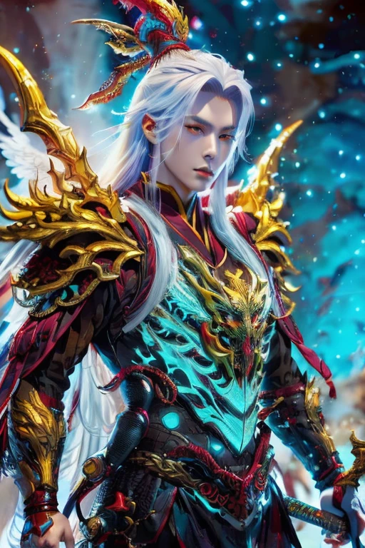 Handsome young xianxia protagonist,man,guy,long silver hair, Crimson red and golden amber eyes combination ,and long silver hair with white undertone,and the golden rune motiv  scratched on his forehead,use armour featuring like pattern on furr of white Tiger chinese with azure and white dominant color,pauldron protective shape like dragon head,breastplate featuring like azure dragon head,breastplate detailed azure dragon head shape,shoulder protective dragon shape like head red and blue,sun and moon and nebulae circling at the background,nebula destruction detail,the tassel of the armour like river of galaxy,open Abs, combination of azure and white dominant color,white dominant color, white dominant color armour,with majestic purple line ,held mystical sword, And majestic golden  wings at back,wings at back,terrifying aura around,24K ultra hd,face and eyes detail,lips and face detail,masterpiece ,better quality,ultra realistic face,good face proportion,eyes detailed,((perfect face)),perfect eyes 