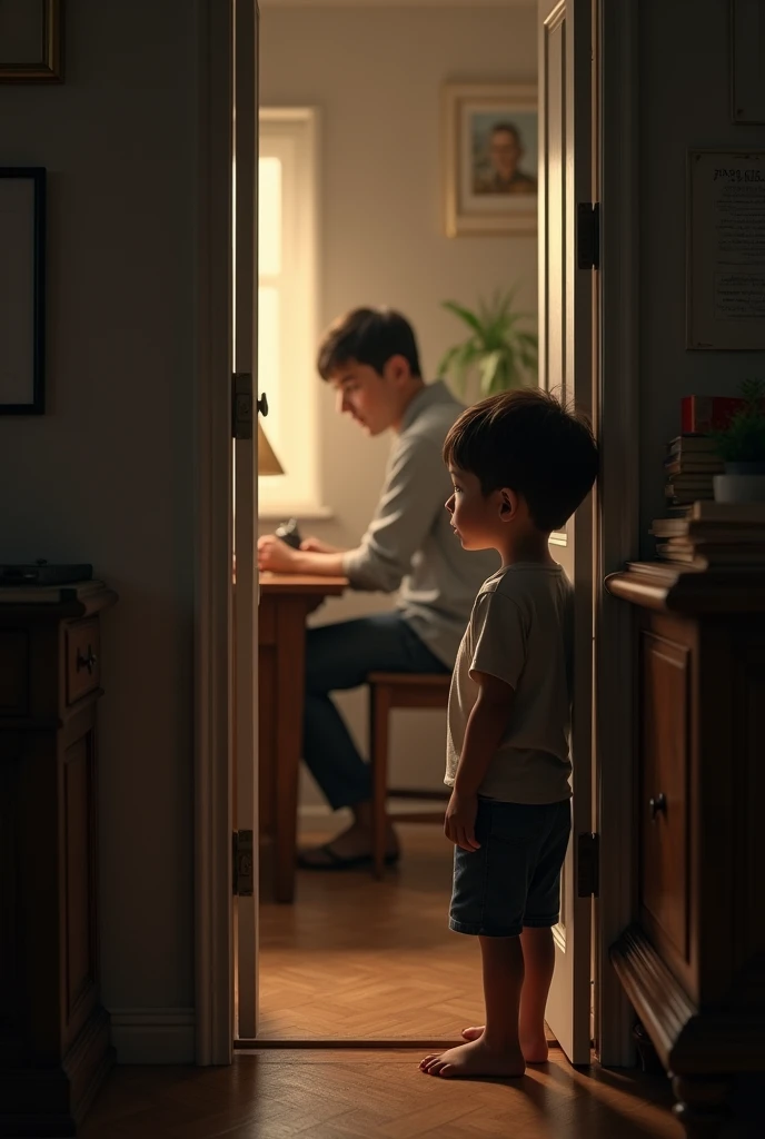A young boy standing by a door, peeking into a room where his father is working. The boy has a curious expression on his face.