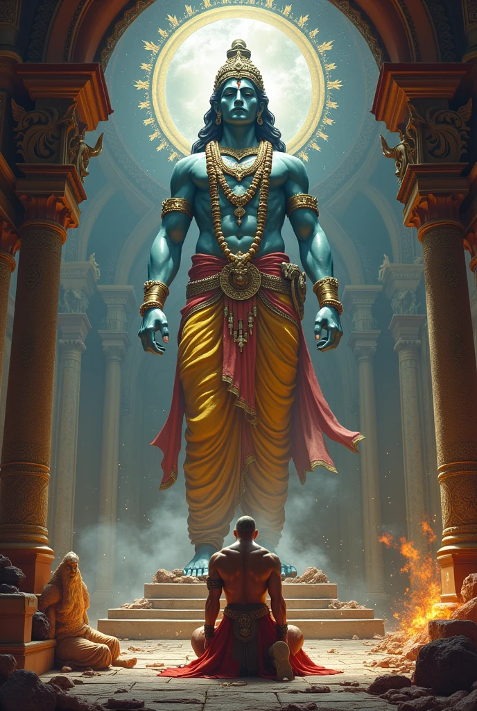 A warrior bowing down to a huge idol of Krishna god , the warrior should be the best with blood and sword and hardships