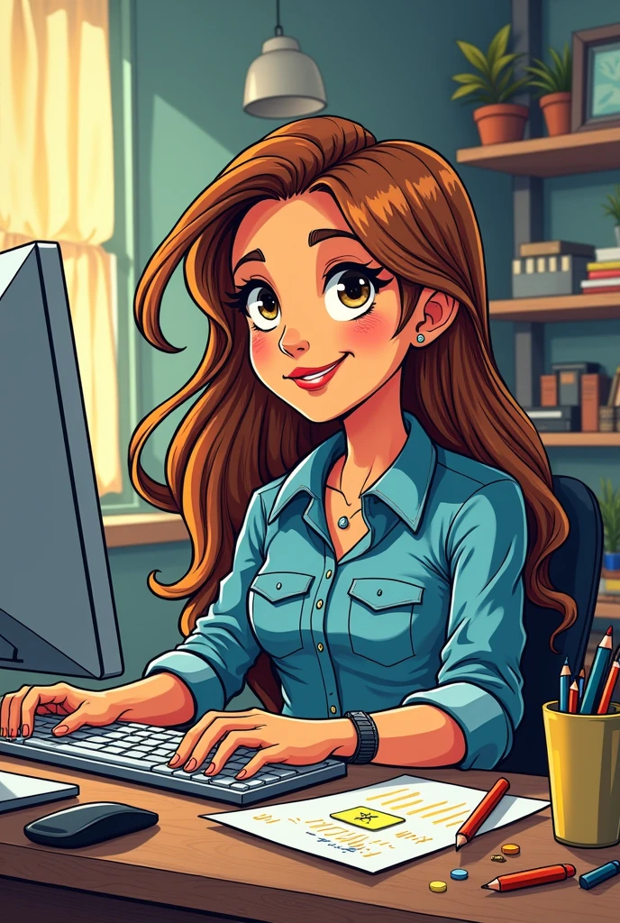 Woman with long hair and denim shirt at a desk and computer comic style drawing