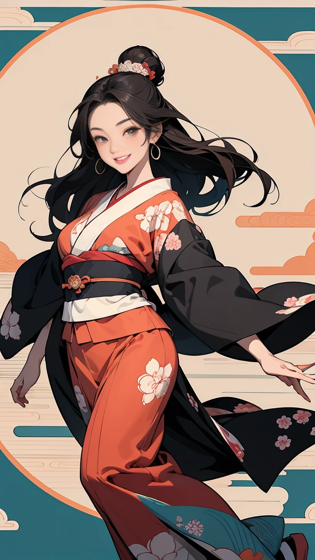 (SeaArt creates stunning illustrations of beautiful women in kimono)、Vividly colored Japanese Ukiyo-e style illustrations、A beautiful woman smiles and shows her upper white teeth、Brown-black long hair、Beautiful full body style、If you want to dance, let's dance, Tokyo Ondo, Yoi Yoi、Beautiful new digital paintings,、Bright vibrant digital anime art、 Beautiful anime portraits、background,Torii gate front of Japanese shrine、 Detailed digital anime art、