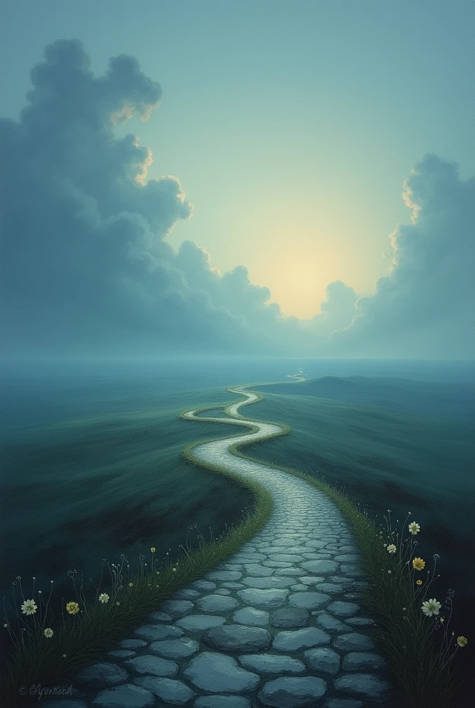 a work with shades of blue and gray, portraying an introspective and contemplative landscape. Imagine a winding road in a vast landscape, with heavy clouds and a partly cloudy sky. over the horizon, there is a soft light that suggests a dawn or a distant hope.

The path may be covered with stones and obstacles, symbolizing the challenges faced, but there are also areas with flowers or new shoots, representing the possibility of growth and renewal. The painting would convey a sense of loneliness and searching, but also of a subtle hope and the promise of new beginnings.