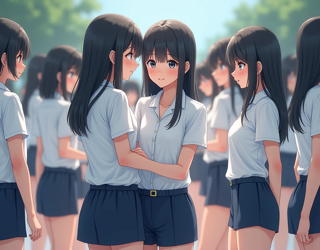 ((masterpiece,Highest quality:1.3,best quality illustration)),cowboy shot,独奏,1woman,16 year old beauty、black hair,short bob hair,bangs,black eyes,(gorgeous big eyes),((very small head:1.3)),sad,tears,((skinny:1.2)),((tan skin:1.4)),small breasts,(School student uniform、Short sleeve collared shirt、Blue ribbon tie、Blue mini skirt),gleaming skin,oily skin,slender body,sweat,standing,classroom、School、Tokyo、nsfw,