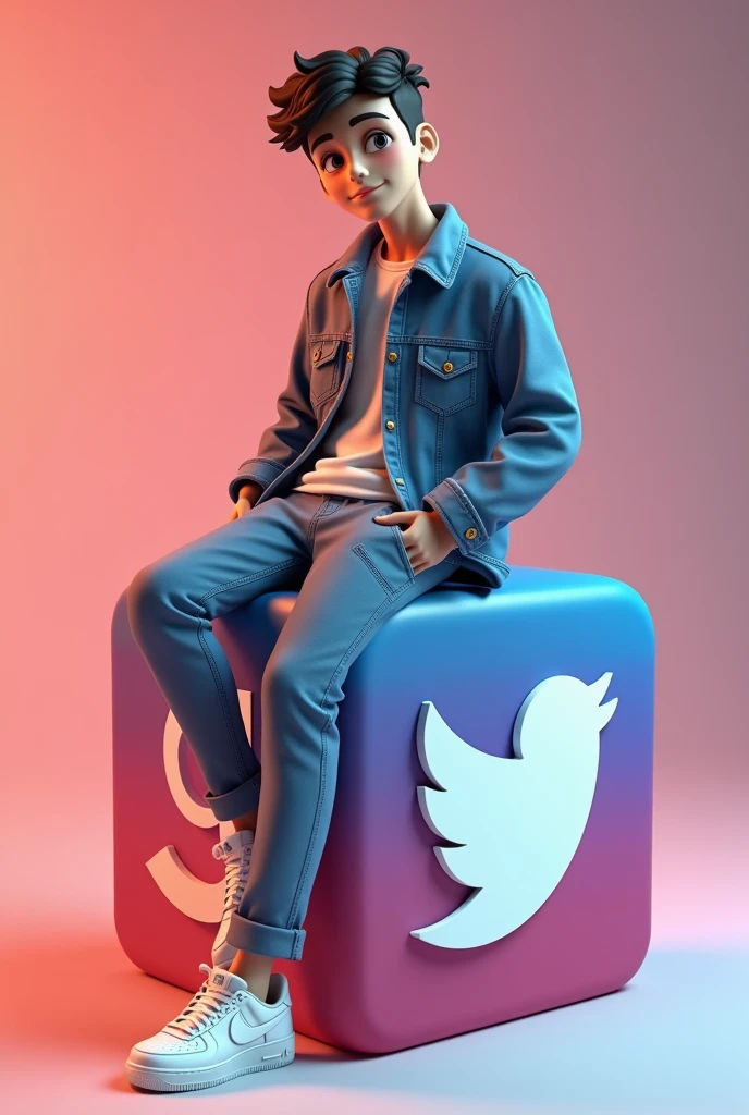 créez une illustration 3D d'un personnage aimée Assis de manière décontracté au-dessus d'un logo de media social « Facebook » le personnage doit porter des vêtements moderne et décontracté qu'une veste en jean et des chaussures de sport Nike air de couleur blanche l'arrière-plan de l'image est une page de profil de media social avec un nom d'utilisateur"TGR / 24k abonné" et une photo de profil qui correspond.