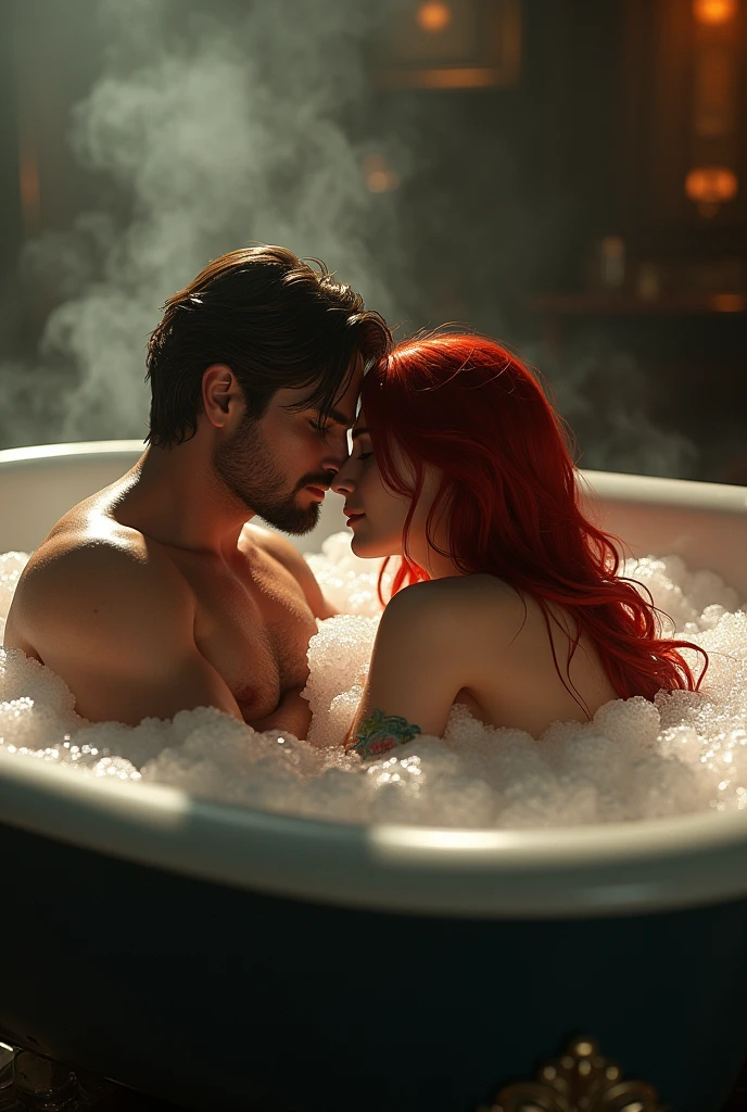 Leon S Kennedy from the Resident Evil video game naked on the tub in a bubble bath, next to a woman with long red hair, both naked and kissing