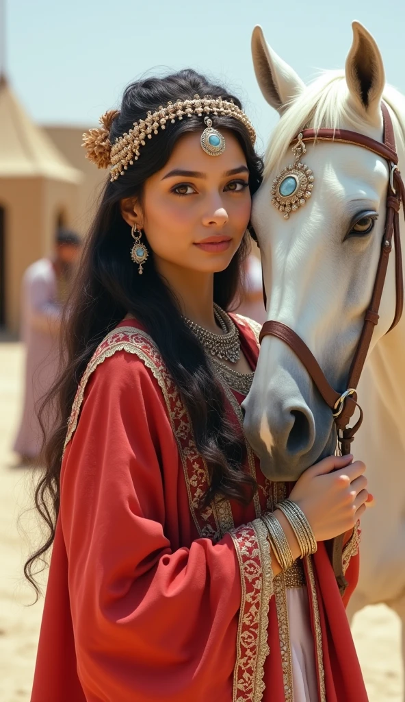 Front view ,Full-body, standing pose, on sand, near sultan tent, ((White Arabian horse, decoration horse harness:1.5)), a Persian ancient girl, looking White horse, exotic Persian girl is 20 years old, (Black hair ,long hair, Brown eye), (Her eyes were outlined with kohl:1.3) , (little Lips, smile), (Gorgeous head band with jewel), (middle breasts, middle hip), (She wore a knee-length light red gorgeous design red gown adorned with intricate embroidery, complemented by light blue bangles and necklaces. A second, longer shawl covered her head and shoulders, Kaunakes ), (framing her face like a White see-through veil), gorgeous sandal, ((Surrealism, UHD, retina, masterpiece, anatomically correct, accurate, textured skin, super detail, high details, high quality, best quality, 8k))