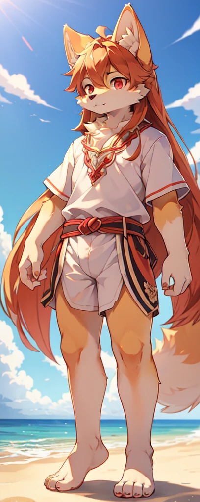 Fur Shiba Inu male portrait, Red Eyes, Yellow ears,Long hair,Furry ears, Standing barefoot on the beach,The background is the ocean, Natural Lighting, Intricate background, Extremely detailed facial features and white short sleeves, Whole body center composition, Perfect focus and lighting,Long legs,Canine pointed nose