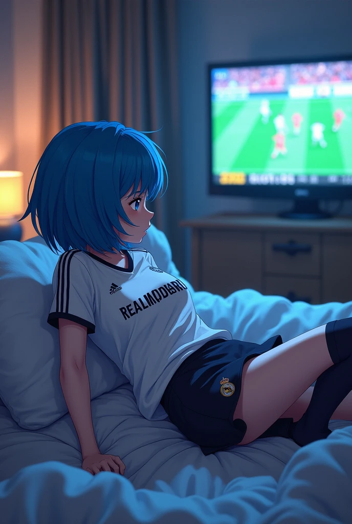 Trunks Femboy with short blue hair from Dragon Ball Z with Real Madrid shirt,Black skirt with short white stripes,Black stockings with a white stripe on top,Lying in bed watching a Real Madrid vs Chelsea match