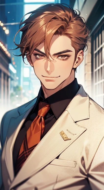 master part, best quality, Realistic, 1 men, mature male, calm and charming young man, age 25, a smirk, cloused mouth, portraite, extreme detailed face, cold smile, ((dark shaped eyes)), ((short dark brown hair swept to the right)), [bushy eyebrows], ((suit)), Handsome, distant shot, western, Jewish, light brown skin