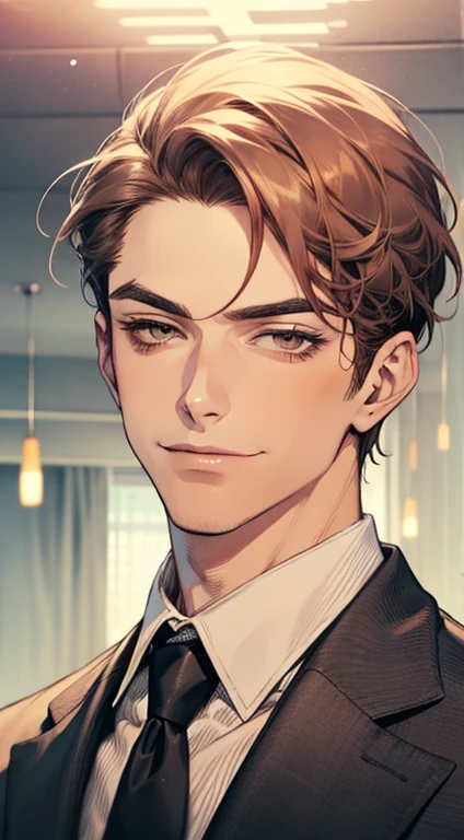 master part, best quality, Realistic, 1 men, mature male, calm and charming young man, age 25, a smirk, cloused mouth, portraite, extreme detailed face, cold smile, ((dark shaped eyes)), ((short dark brown hair swept to the right)), [bushy eyebrows], ((suit)), Handsome, distant shot, western, Jewish, light brown skin
