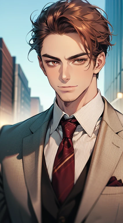 master part, best quality, Realistic, 1 men, mature male, calm and charming young man, age 25, a smirk, cloused mouth, portraite, extreme detailed face, cold smile, ((dark shaped eyes)), ((short dark brown hair swept to the right)), [bushy eyebrows], ((suit)), Handsome, distant shot, western, Jewish, light brown skin