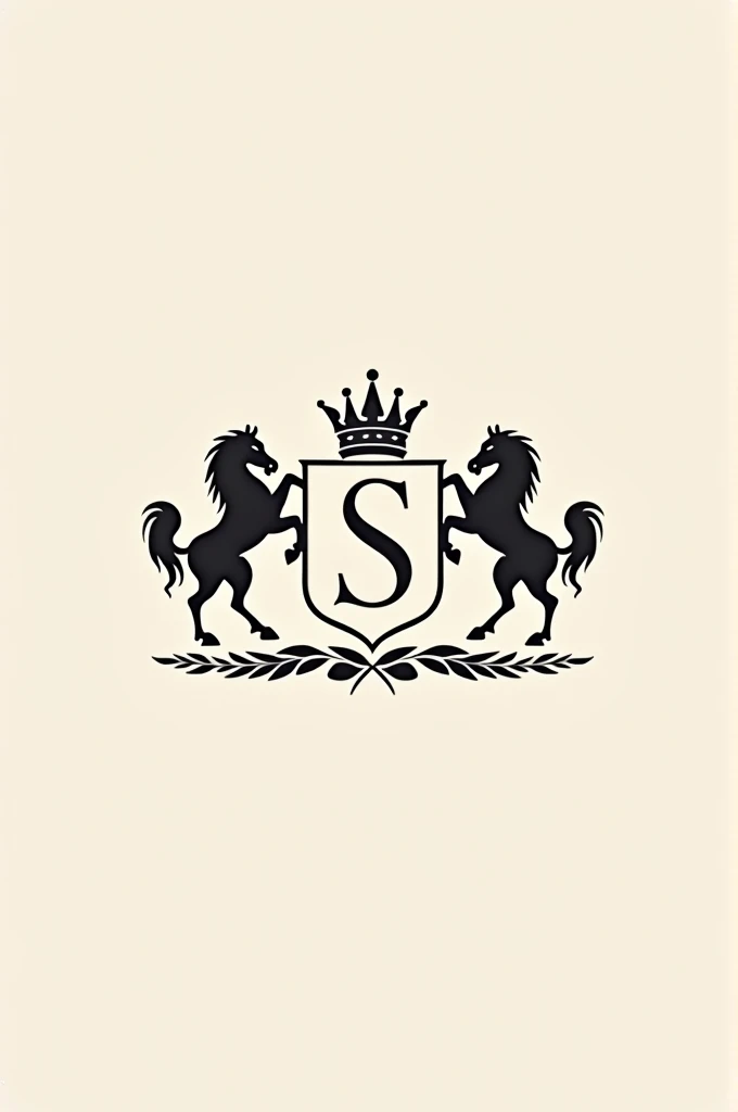 Create a minimalist vector royal coat of arms with the initial S in the center, horses rearing next to the coat of arms, with some leaves below and a strip at the foot of the coat of arms