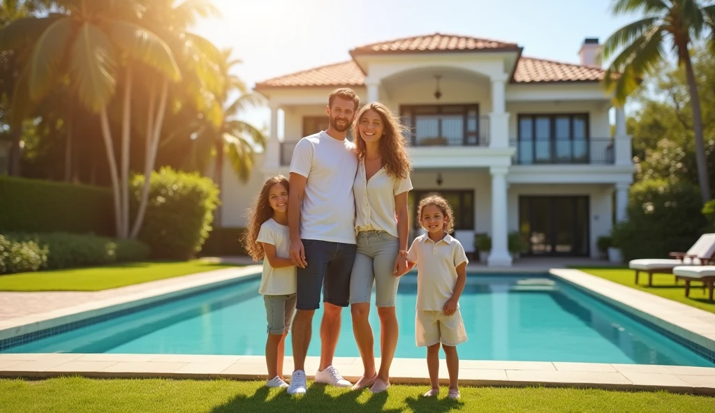 A married couple with 2 girls stands near a luxurious two-story house with a swimming pool in sunny weather, full body