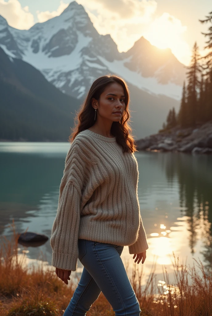 a short and chubby beautiful indian girl with large breasts wearing a beautiful sweater walks near a lake near some mountains at golden hour