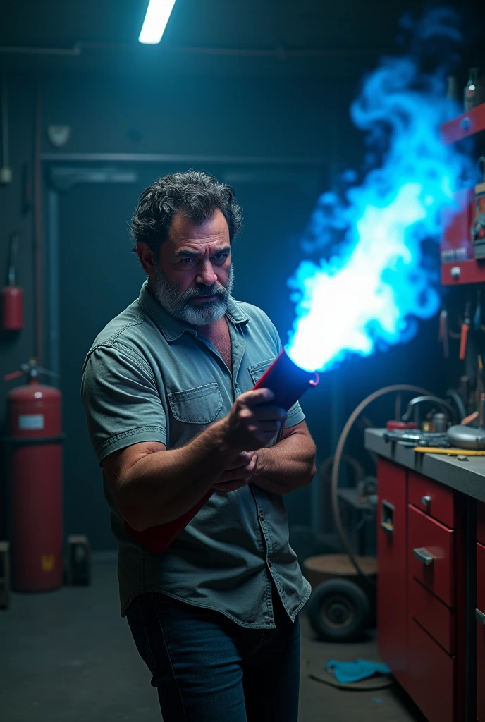 Middle aged Italian man with fire extinguisher, extinguishes a blue flame