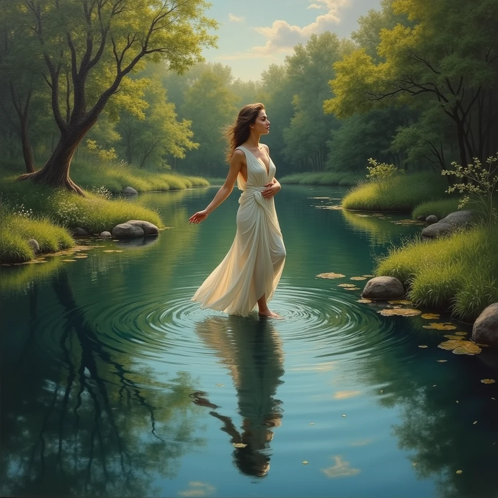  oil painting, evening Pond, beutifull landscape, reflection in Walter, a beautiful water nymph wearing a loose tunic, the bottom of which spreads on the surface of the water,  detailed, Masterpieces,