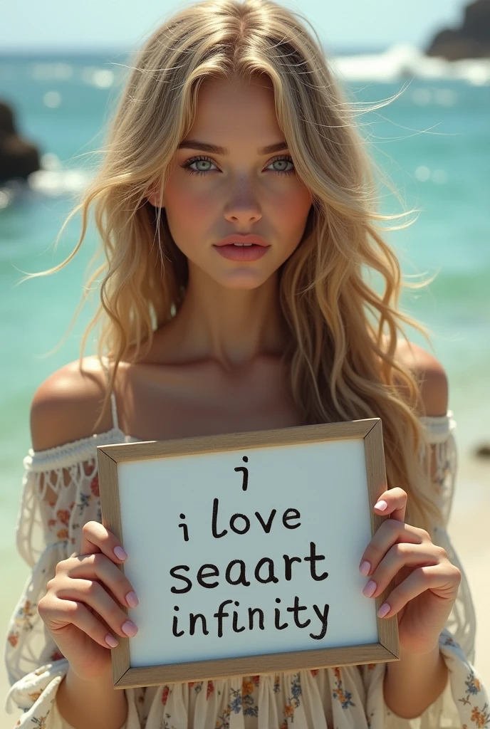 Beautiful girl with wavy long hair, bohemian dress, holding a white board with text "I Love Seaart Infinity" and showing it to the viewer