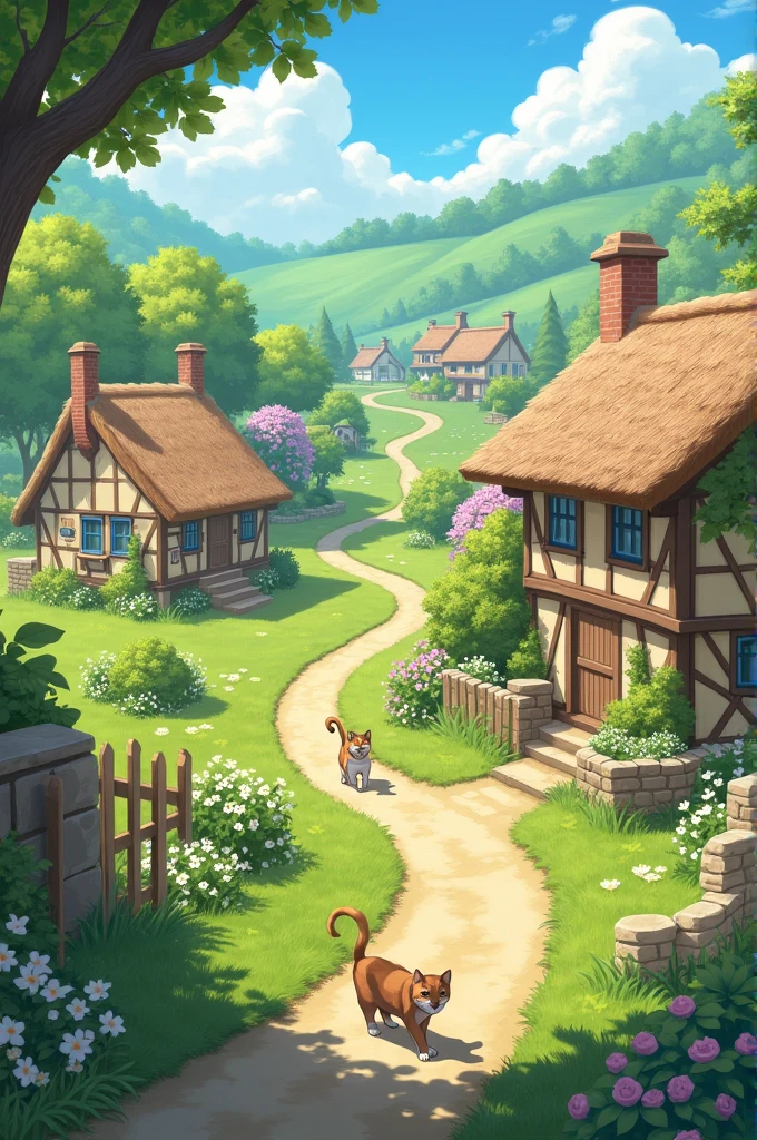 A village scenery, with lots of apple tree and cat