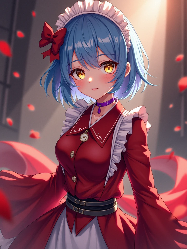 anime style, full body female character, (((Red clothes))), (((blue hair))), short hair, purple choker, (((yellow eyes))), red maid uniform, samurai, detailed, 8K, high quality, emotional effects, anime style