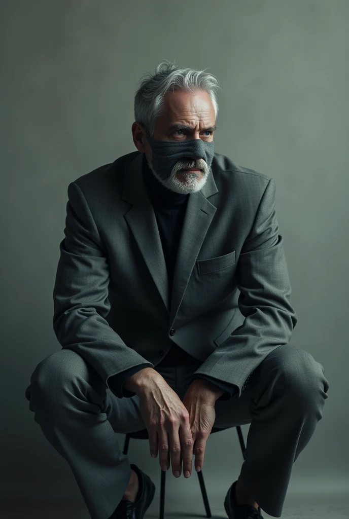 A man with gray clothing and a sad face mask