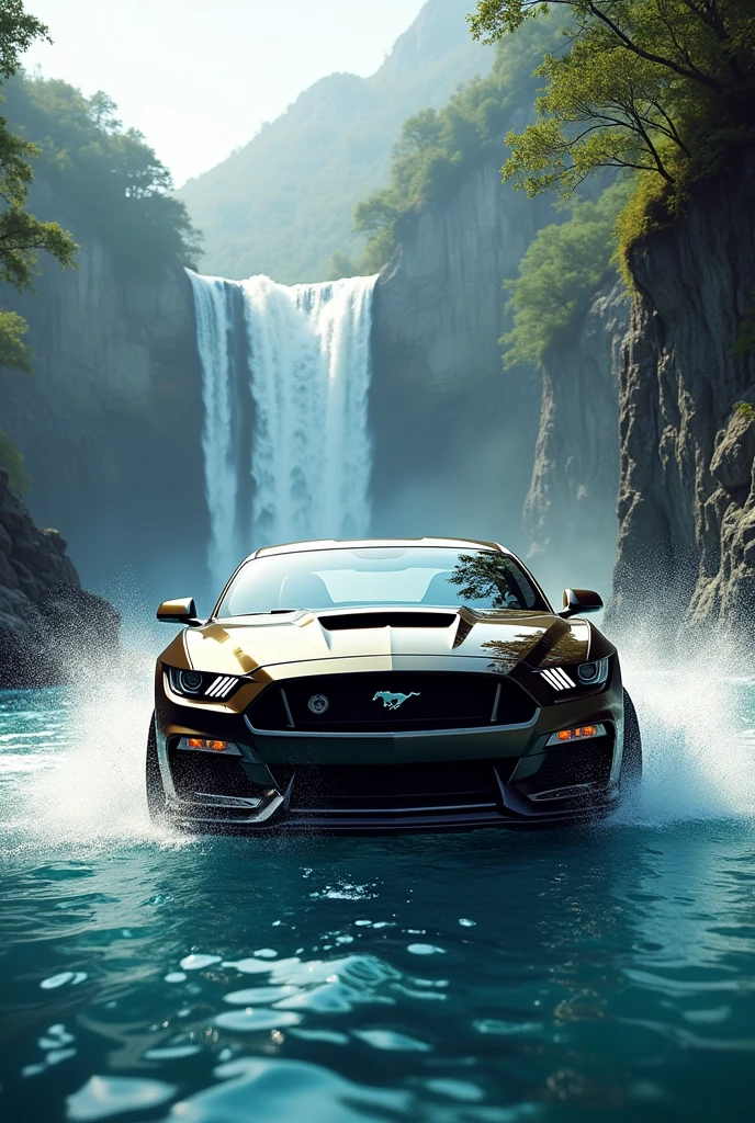 mustang car driving in front of blue lagoon water falls 